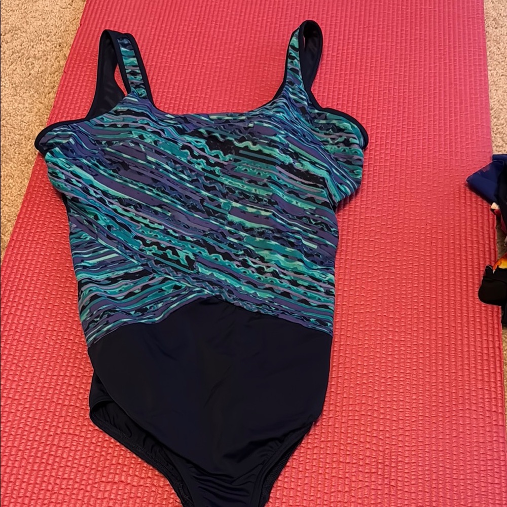 Blue and Black One Piece Swimsuit with Wrap Detail
